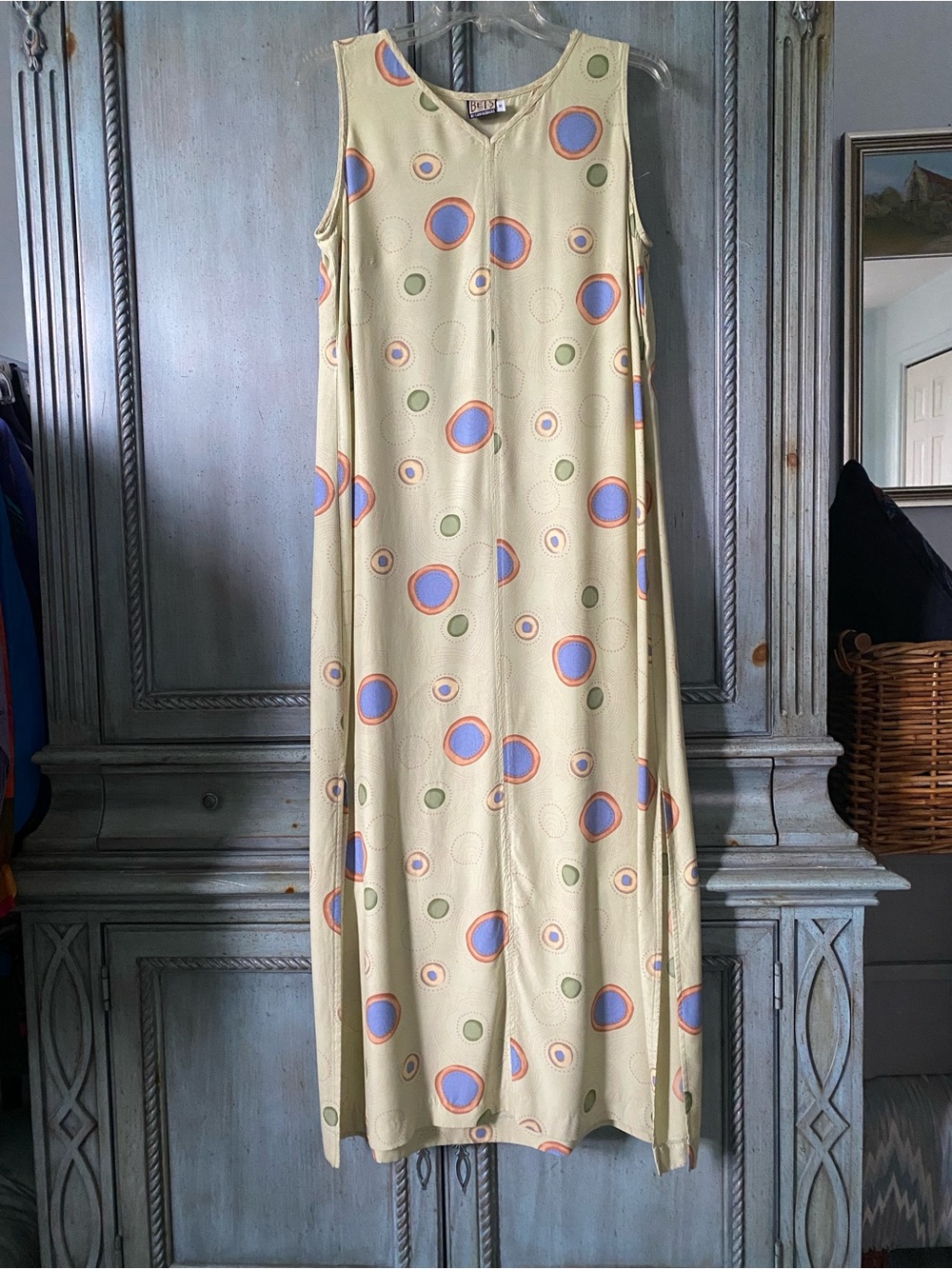 Sleeveless Pale Green Maxi Dress w/ Blue and Olive Polka Dots Rimmed w/Orange